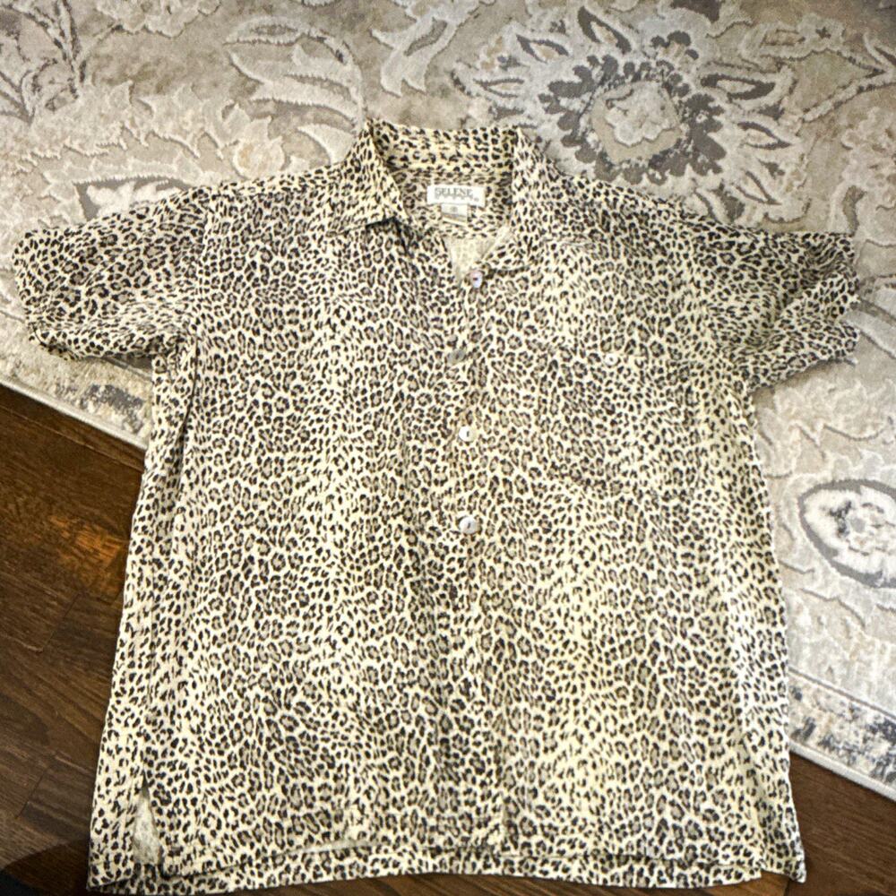 Selene Sport Women’s Beige Black Silk Leopard Print Collared Button-Up Blouse S